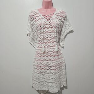 Time & Tru - Swim Cover-up Lace Sheer Short Sleeve Tassels - Size XL - White